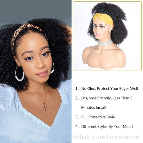 The headband wig is suitable for women's African curly real hair wig without glue and without front lace wig natural color